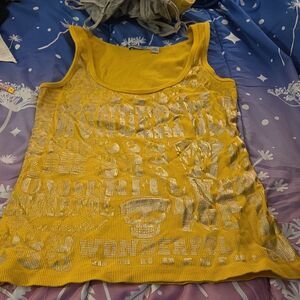 Women's Yellow Studded Rhinestone Skull Graphic Sleeveless Scoop Neck Tank 1X